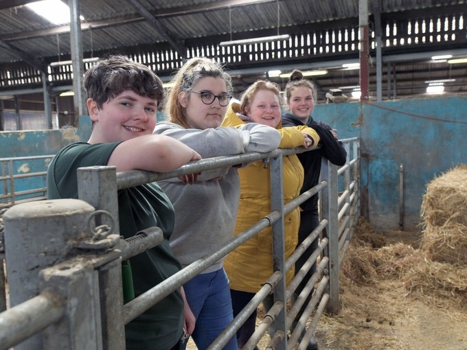 a group pf students leaning on a railing in a barn