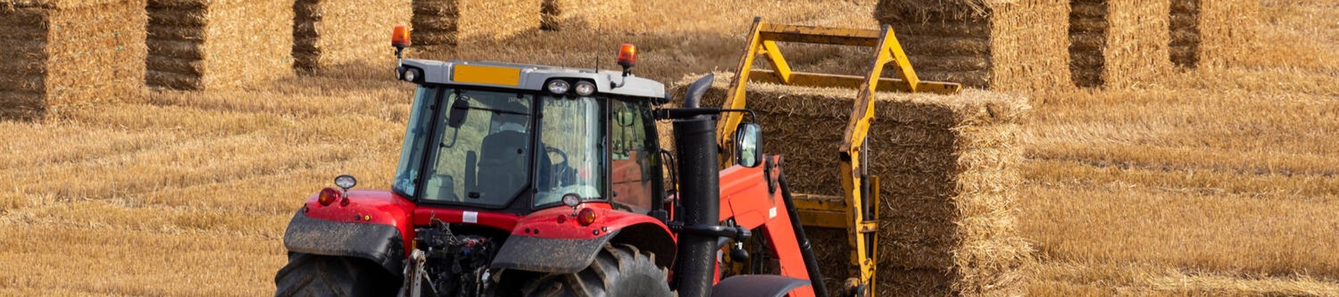 Red tractor moving hay bales