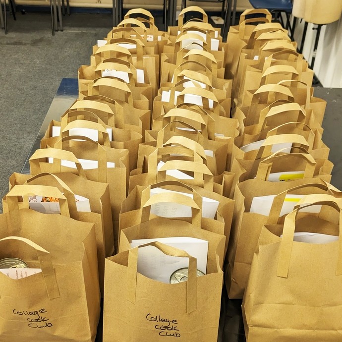 A row of bags - these are Cooking Club bags with ingredients